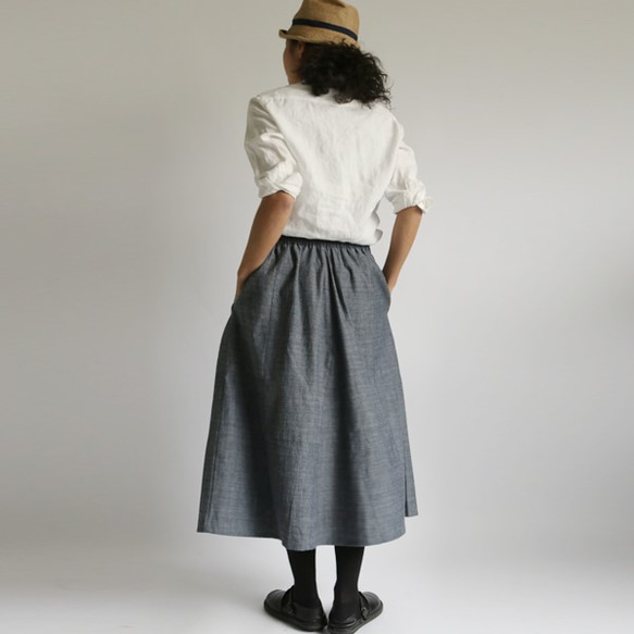 夏到来SALE！！ ８０cm丈 リネン100％ デニム織り フレアスカート パッチワークスカート  K50 7枚目の画像