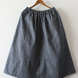 夏到来SALE！！ ８０cm丈 リネン100％ デニム織り フレアスカート パッチワークスカート  K50 8枚目の画像