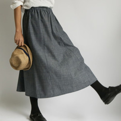 夏到来SALE！！ ８０cm丈 リネン100％ デニム織り フレアスカート パッチワークスカート  K50 9枚目の画像