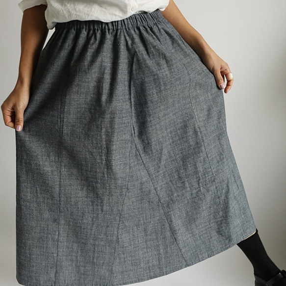 夏到来SALE！！ ８０cm丈 リネン100％ デニム織り フレアスカート パッチワークスカート  K50 10枚目の画像