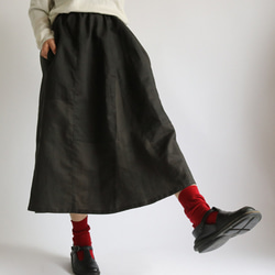 最終SALE　７６cm丈 天然リネン生地 ギャザースカート パッチワーク ブラック R29C 8枚目の画像