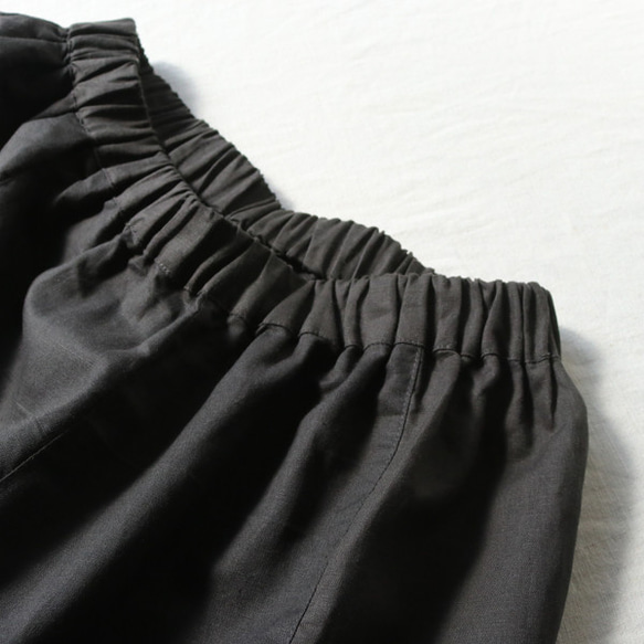 最終SALE　７６cm丈 天然リネン生地 ギャザースカート パッチワーク ブラック R29C 10枚目の画像