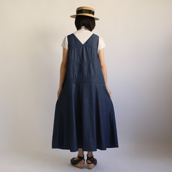 ●夏夏SAL●柔らか甘織DENIM ロング エプロン ワンピース 二枚重ねV字ネック ギャザーポケット  B08 10枚目の画像