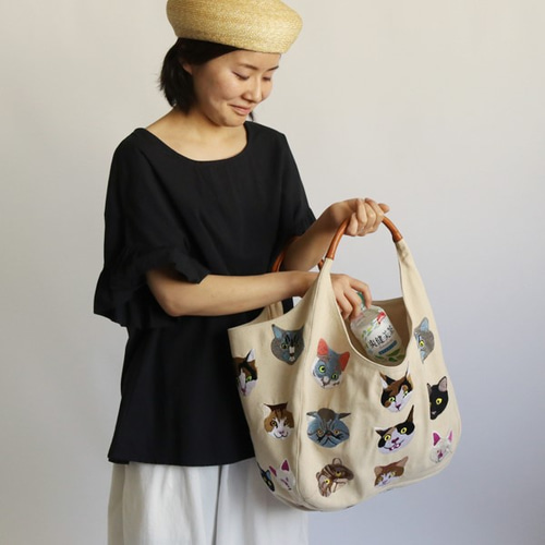 anvaiオリジナル刺繍 ねこ猫ネコ縫い トートバッグ 生成りデニム