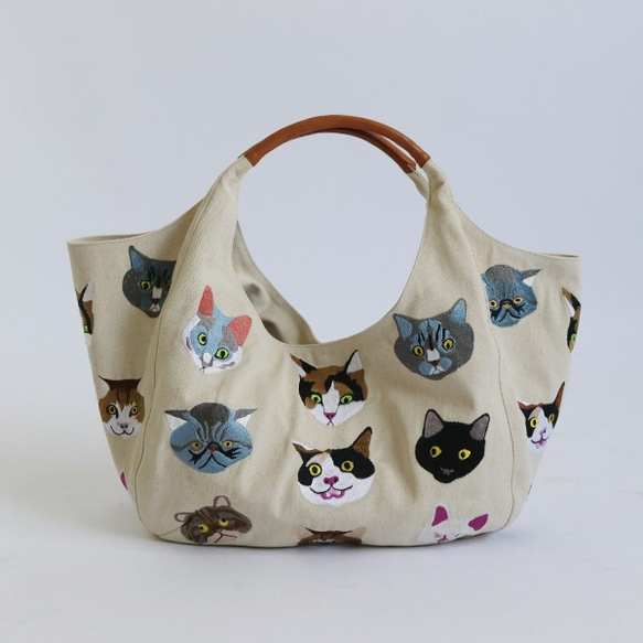 anvaiオリジナル刺繍 ねこ猫ネコ縫い トートバッグ 生成りデニム×レザーハンドル 肩掛け P68B 9枚目の画像