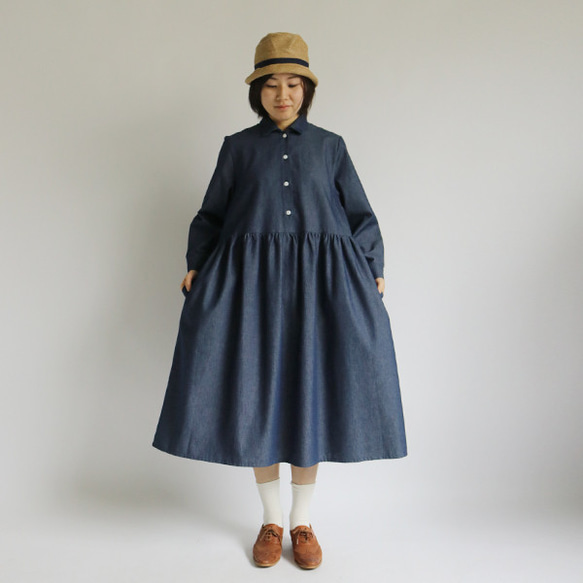 *冬支度PRICE*　ラスト1点  108ｃｍ丈 甘織DENIMデニム 小襟ゆったり シャツ ワンピースB48 6枚目の画像