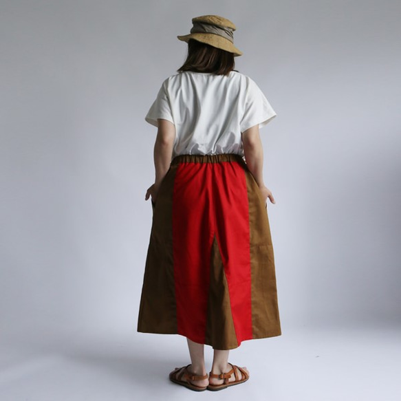 夏準備SALE！！７６cm丈 高密度チノ コットン生地 フレア パッチワーク スカート キャメル×レッド B81B 3枚目の画像
