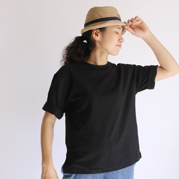 ■夏夏SALE ラスト1点オーガニック コットンしっとりやわらかな 袖長め Tシャツ 透け感なし  ブラック  B89B 7枚目の画像