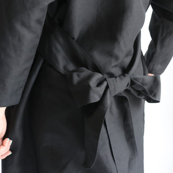 ラスト1点■SALE■ 涼しく着れるリネン麻レーヨン 後ろリボン ワンピース ゆったり身幅 長袖 ブラック H02B 3枚目の画像