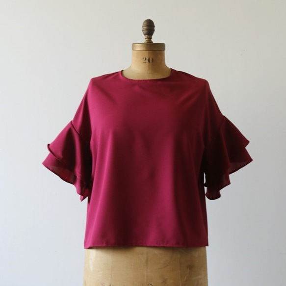 ●最終PRICE●ラスト１点！ 涼やか とろみ フリル袖プルオーバー シャツ ブラウス 大人の赤 ワインレッド H37C 3枚目の画像