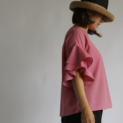 ●最終PRICE●涼やか とろみ素材 ラッフル袖 プルオーバー シャツ ブラウス 半袖 ピンク  H37E 1枚目の画像
