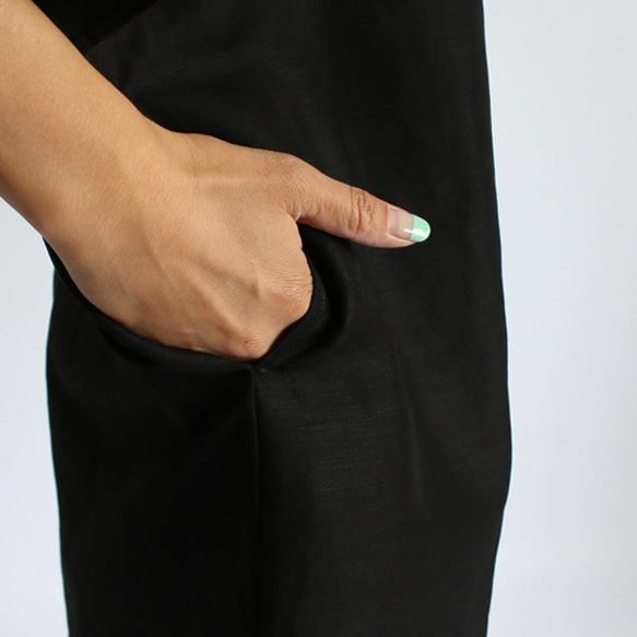 ●最終PRICE●ラスト１点！涼しく着れるリネン麻レーヨン生地 フリル袖　ワンピース　ブラックH68A 5枚目の画像