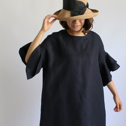 ●最終PRICE● 涼しく着れるリネン麻レーヨン生地 フリル袖　ワンピース　墨黒H68B 3枚目の画像