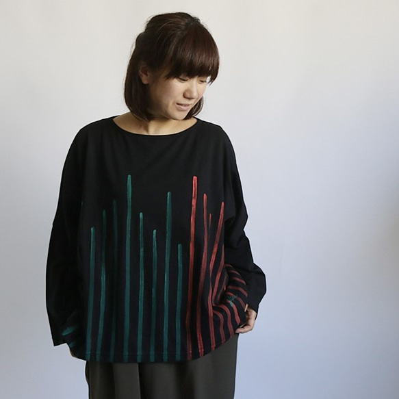 ◆10/22まで!!秋PRICE◆天竺コットン100％手描きARTワイドゆったりTシャツ  長袖 ストライプ F46B 3枚目の画像