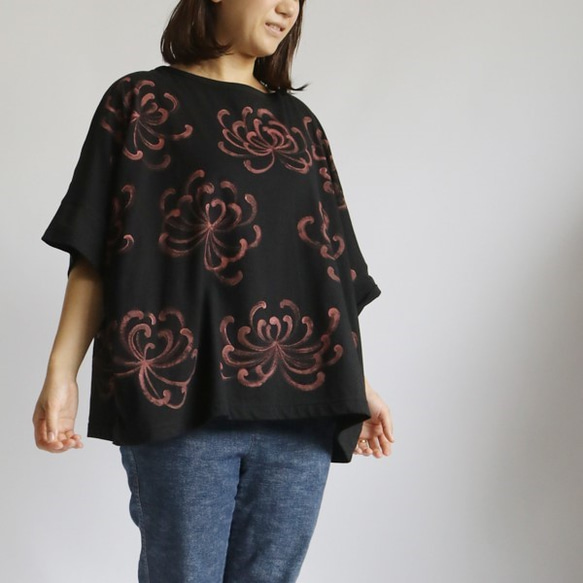 ●10/31まで【秋PRICE】天竺コットン100％手描きARTワイド ポンチョ ビッグシルエット TシャツF66 3枚目の画像