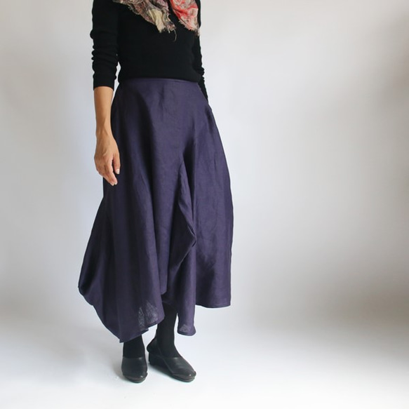 *冬支度PRICE*ラスト１点！リネン100％ 美しく 優雅に揺れる バルーン スカート 変形 パープル 紫 G26A 1枚目の画像