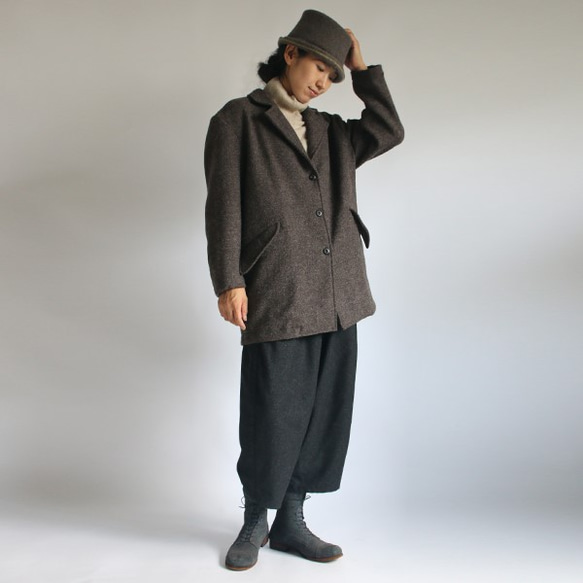 ウール100％ 羊毛 厚地 ほっこり暖か コート anvai オリジナル マニッシュ ジャケット ブラウン G33 3枚目の画像