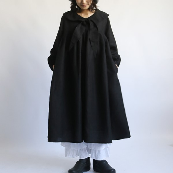 *【最終SALE】リネン麻レーヨン セーラー襟 大人の甘め ゆったり ワンピース黒 H03B 2枚目の画像