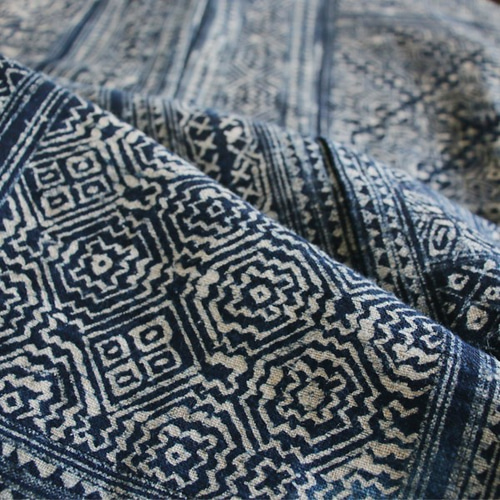 Xmas PRICE!! 手紡ぎ手織り麻リネン 藍・蝋けつ染めワンピース タイ  