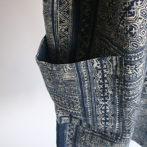 Xmas PRICE!! 手紡ぎ手織り麻リネン 藍・蝋けつ染めワンピース タイ  