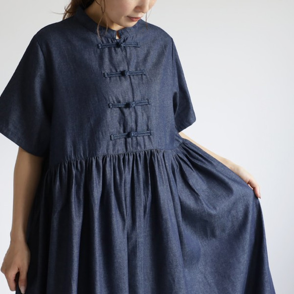 ラスト１●９月３０日まで最終ＳＡＬＥ『花ボタン長め半袖ゆったりワンピース』コットン１００％甘織デニムＤＥＮＩＭ K55◎ 3枚目の画像