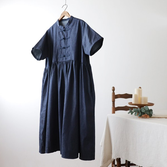 ラスト１●９月３０日まで最終ＳＡＬＥ『花ボタン長め半袖ゆったりワンピース』コットン１００％甘織デニムＤＥＮＩＭ K55◎ 5枚目の画像