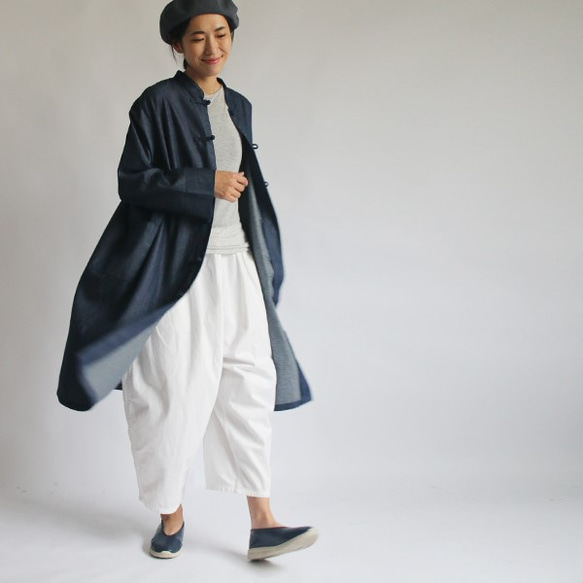 *◆ラスト1点●夏夏SALE●甘織デニムDENIM 花ボタン長袖ワンピース羽織コート前開きカンフーH21 2枚目の画像