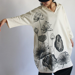 **ラスト１点【ＧＷ準備PRICE】リネン麻コットン 手描きART 和画衣 「蓮の花」を描く ワンピース  A68 6枚目の画像