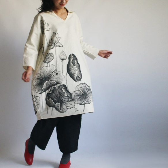 ラスト1点【GW準備PRICE】リネン麻コットン 手描きART 和画衣 「蓮  