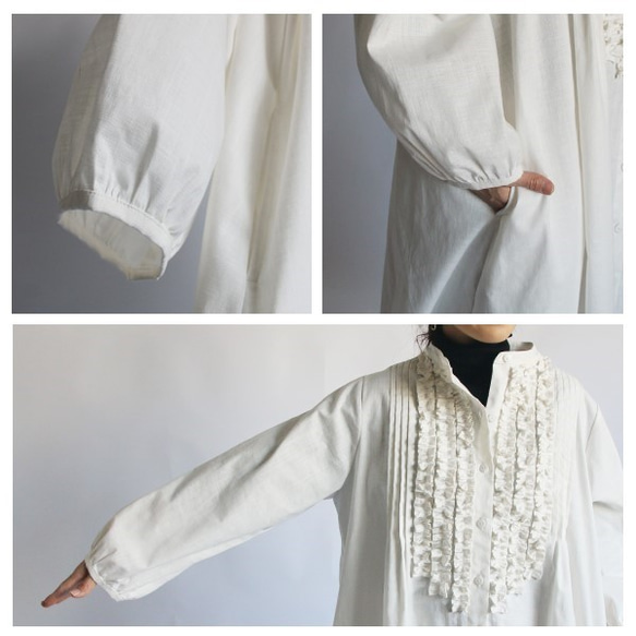 ＊ラスト１。秋支度ＰＲＩＣＥ「白・着る」リネン麻コットン贅沢フリル前開きロングシャツ ブラウス羽織りワンピース白R53B 5枚目の画像