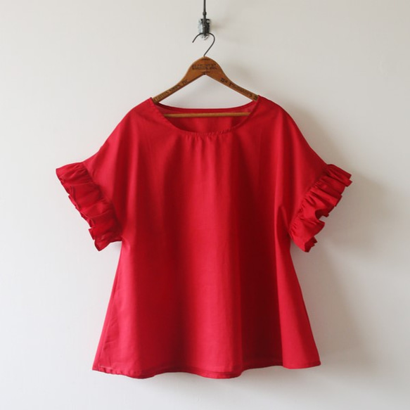 ラスト1点。５／１１まで春ＰＲＩＣＥ上質コットン100% フリル袖 ブラウス 半袖 オーバーシャツ赤 レッド  G02A 1枚目の画像