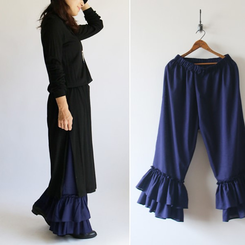 美品⁂ポットアンドティ⁂裾ゴムフリルパンツ　ペチパンツ　ゆったり　ネイビーブルー 美品⁂ポットアンドティ⁂裾ゴムフリルパンツ ペチパンツ ゆったり