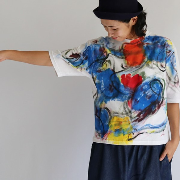 ⁑ラスト１点。２０２０夏ＳＡＬＥ。厚地 度詰 天竺コットン100％手描きART Tシャツ・カットソー抽象絵画G99 5枚目の画像