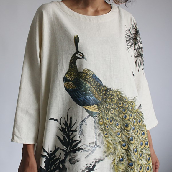 リネン麻コットン 「和画衣」手描きART「孔雀」贅沢一枚布ゆったりワンピースB68(dr006pk) 3枚目の画像