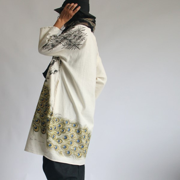 リネン麻コットン 「和画衣」手描きART「孔雀」贅沢一枚布ゆったりワンピースB68(dr006pk) 4枚目の画像
