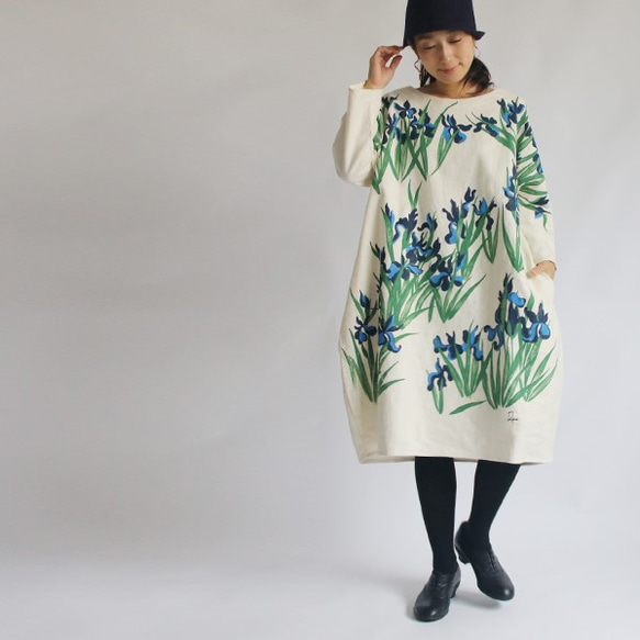 リネン麻コットン「和画衣」手描きART「カキツバタ」贅沢一枚布ゆったりワンピースK01(dr006pk) 2枚目の画像
