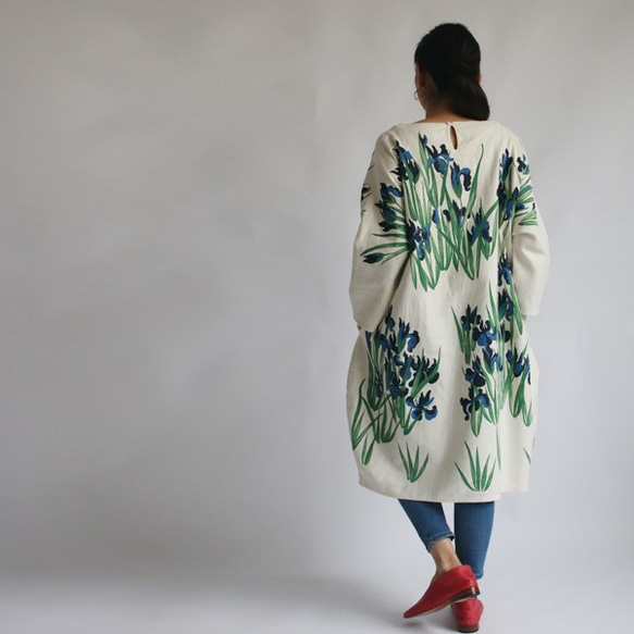 リネン麻コットン「和画衣」手描きART「カキツバタ」贅沢一枚布ゆったりワンピースK01(dr006pk) 5枚目の画像
