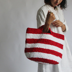 ●X’mas SALE●コットン100％ 裂き編み手編みトート ハンド バッグ バスケット赤×白P70C 7枚目の画像
