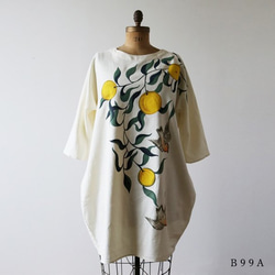 リネン麻コットン「和画衣を纏う」手描きART「果実と小鳥」贅沢一枚布ゆったりワンピース B99A(dr006pk) 9枚目の画像