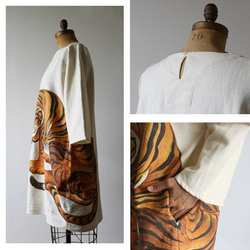 リネン麻コットン「和画衣」手描ART「猛虎図」贅沢一枚布ゆったりワンピース猫K03(dr006pk) 8枚目の画像