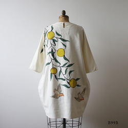 リネン麻コットン「和画衣を纏う」手描きART「果実と小鳥」贅沢一枚布ゆったりワンピース B99B(dr006pk) 10枚目の画像