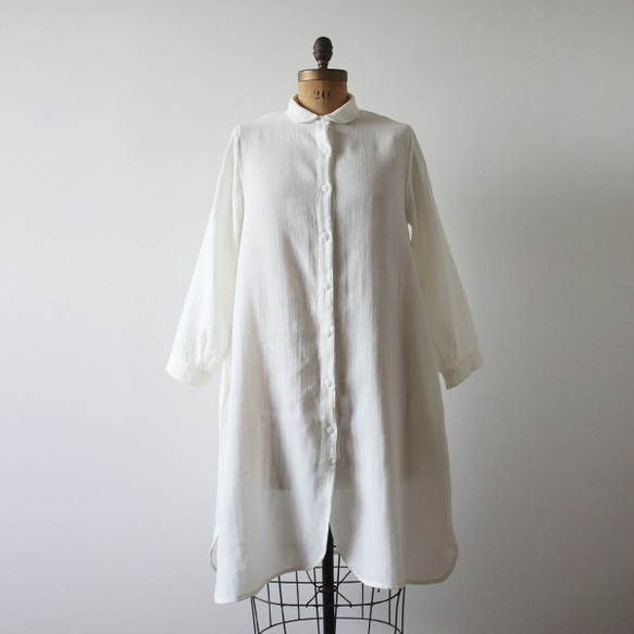 「白いシャツ」無染色 天然コットン100％ガーゼ 丸襟シャツ ワンピースK77(dr211) 9枚目の画像