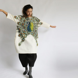 リネン麻コットン anvai派 和画衣 手描きART「孔雀」贅沢一枚布ゆったりワンピース K82(dr006pk) 4枚目の画像