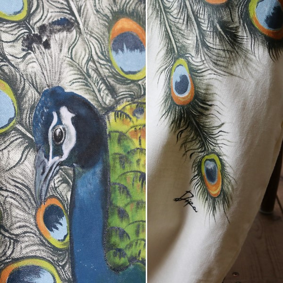 リネン麻コットン anvai派 和画衣 手描きART「孔雀」贅沢一枚布ゆったりワンピース K82(dr006pk) 6枚目の画像