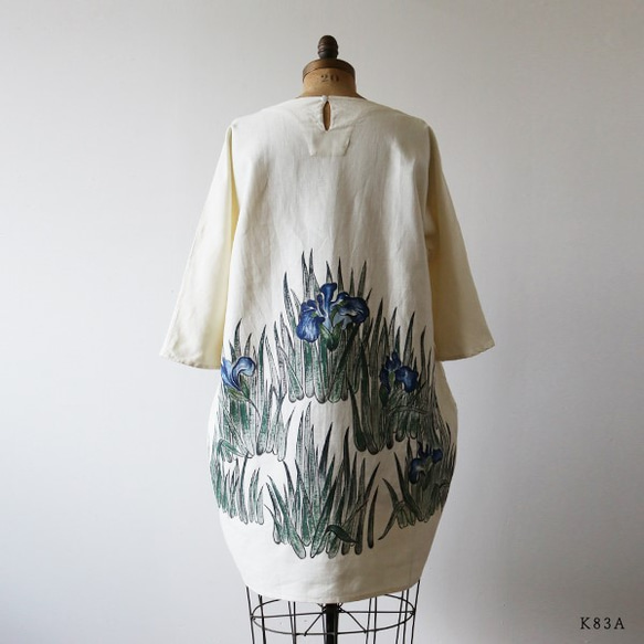 リネン麻コットンanvai派手描きART「カキツバタ」贅沢一枚布ゆったりワンピースK83A(dr006pk) 10枚目の画像
