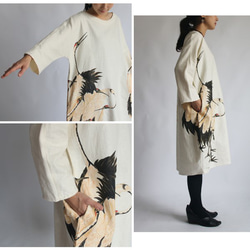 リネン麻コットンanvai派 手描きART「群鶴図」贅沢一枚布ゆったりワンピースK96(dr006pk) 6枚目の画像