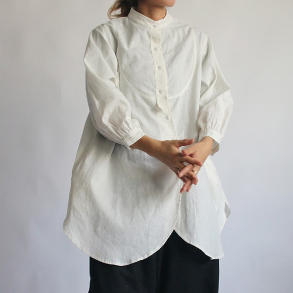 紗織リネン麻コットン スタンド襟 変形 前開きシャツ 羊飼い 画家 ホワイト F25(dr260) 9枚目の画像