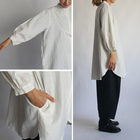 紗織リネン麻コットン スタンド襟 変形 前開きシャツ 羊飼い 画家 ホワイト F25(dr260) 7枚目の画像