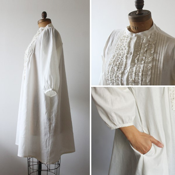上質 紗織リネン麻コットン贅沢フリル前開きロングシャツ ワンピース羽織ホワイトR53B(dr001) 4枚目の画像