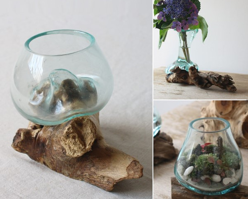 流木 ガラス オブジェ アクアリウム アート 花瓶 置物 一輪挿し 花器 木製 ○SALE○anvaiセレクト 世界にひとつだけの流木とBALIガラスの